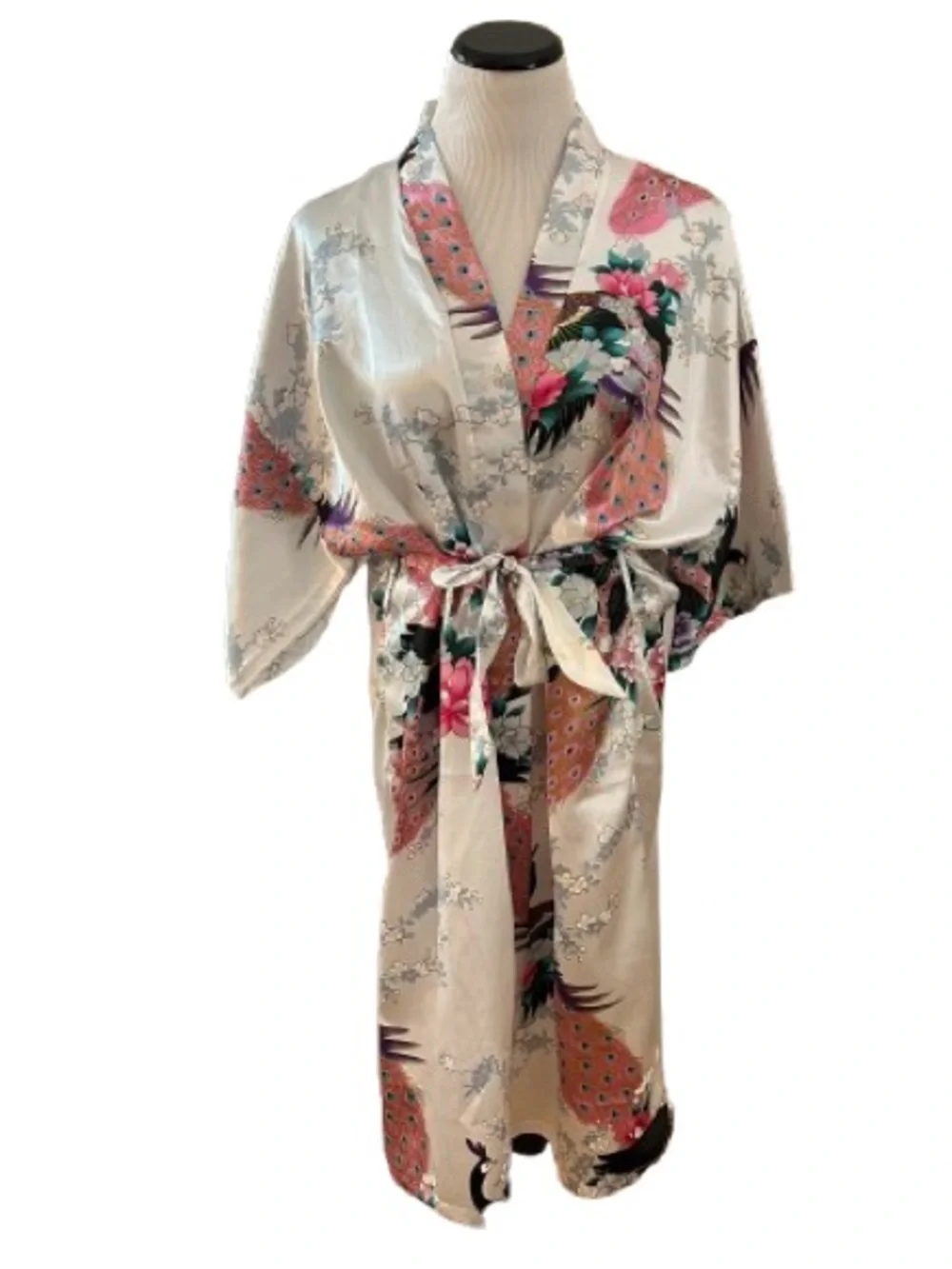 Women’s White and Pink Floral Peacock Kimono Robe Size OS